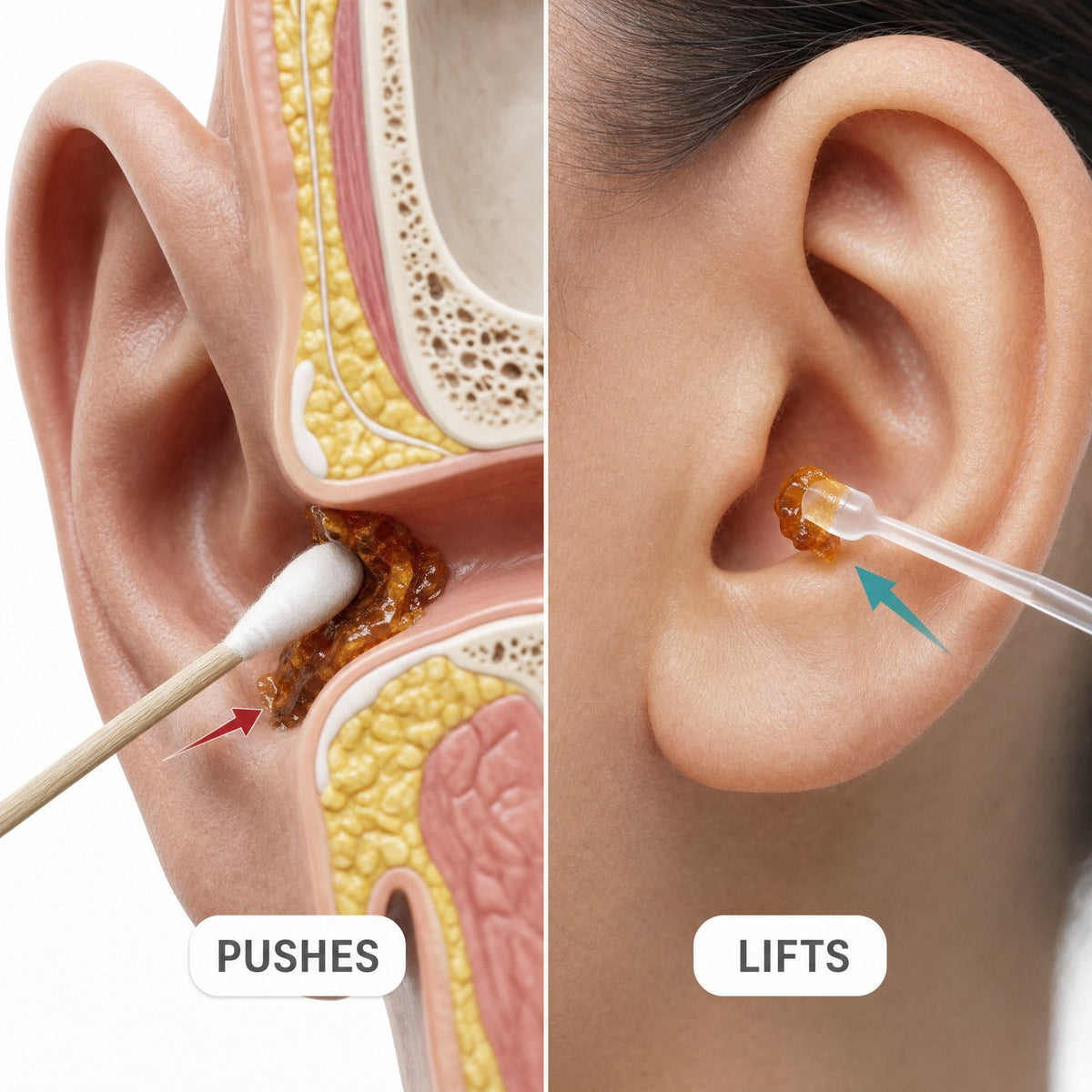 A cotton swab pushes wax inward; the Tidy Ear sticky tip lifts it outward
