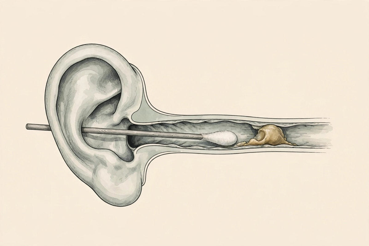 Illustration of a cotton swab pushing earwax deeper into the ear canal